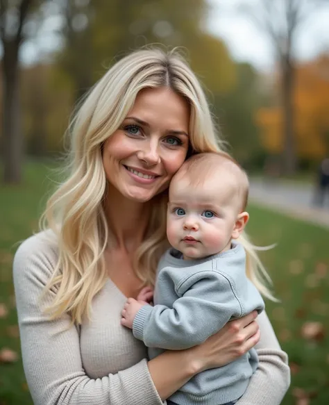 Influenceur instagram femme blanche réaliste, meilleure qualité, blond, 1 fille, yeux bleus et bébé au parc