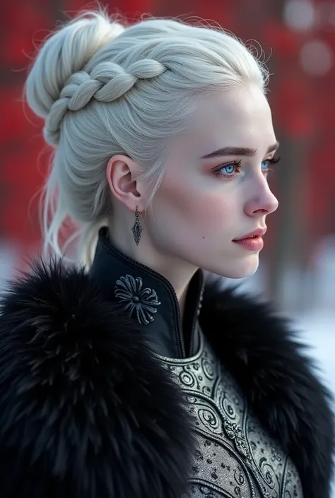 Targaryen woman, stunning beauty, gentle face. Silver hair braided and gathered into a bun, White skin, violet eyes, age 17, with hairy fur coat,work of art, Adriana Malkova,  (delicate black filigree armor), (medium breasts), (perfect body), out, (skin te...