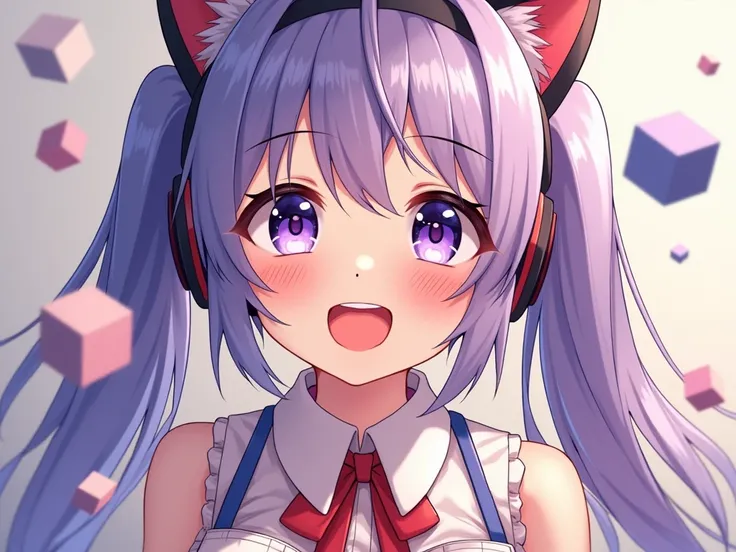  cat ear headphones,  twin tails,  textured skin,  Big Breasts ,  smiles,  open her mouth ,  blue eyes,  purple eyes,  tongue, saliva,  poster/magazine illustration effect with floating cubes,  mole on the corner of your mouth,  anime style, 