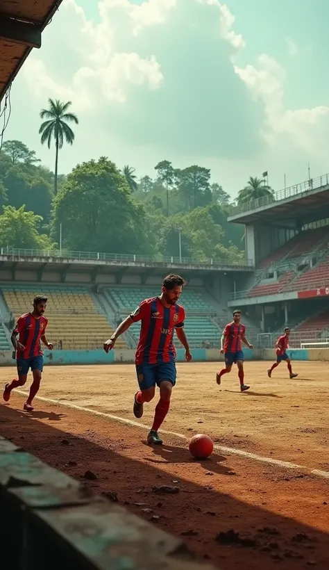 "Create a powerful scene of Lionel Messi and his football team playing in a dilapidated stadium in Kerala, India. The players are in action, with Messi at the forefront, showing determination and skill despite the poor condition of the field. The ground is...