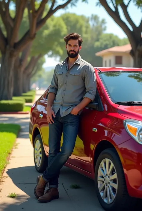  26-year-old man with dark brown hair, with a beard with a Nissan versa cherry 