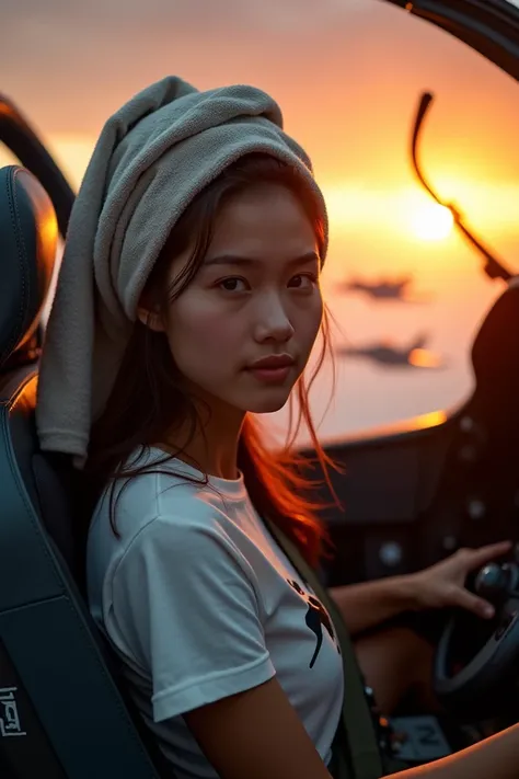 Hyper realistic medium wide shot photography of 25 year old beautiful malay woman facing forward with towel on head and t-shirt holding throttle in F18 Hornet cockpit during sunset performing dogfight combat with other aircraft visible in background.