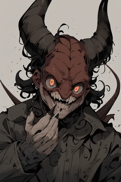  The character in the image is an anthropomorphic creature with demonic features and relaxed style.  Here is the description :

Head and Face:  Curly hair reddish-brown color ,  long horns curved backwards .  The eyes are shiny and red ,  with an expressiv...