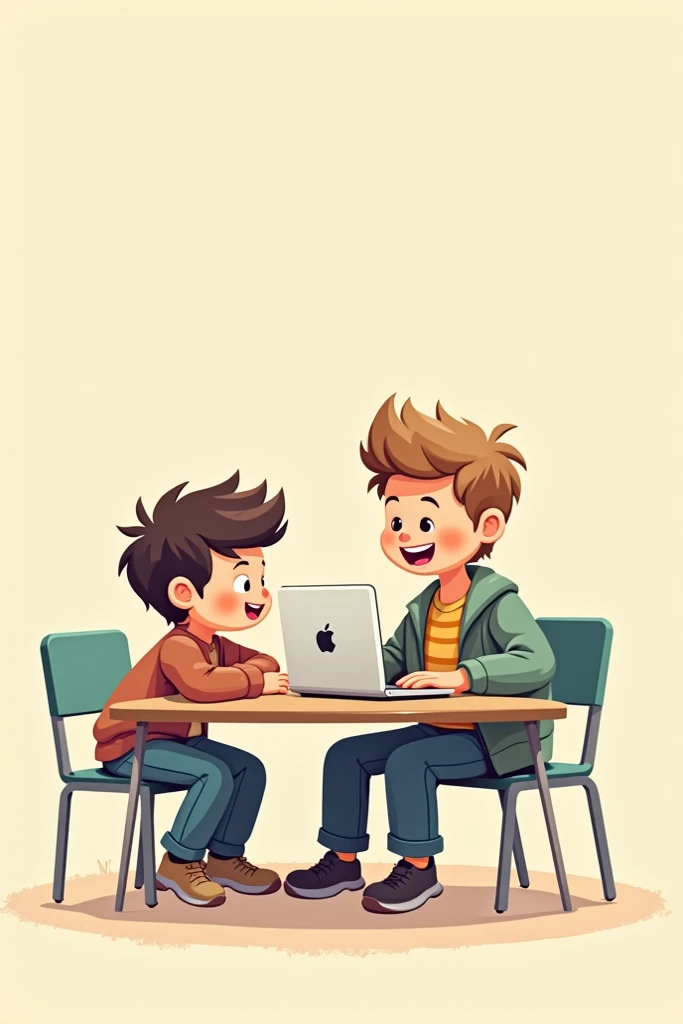 Cartoonic boy sitting on chair seeing to the front putting arms on the table to mac are standing in front of his wearing a jacket and two Mac are standing in front of his