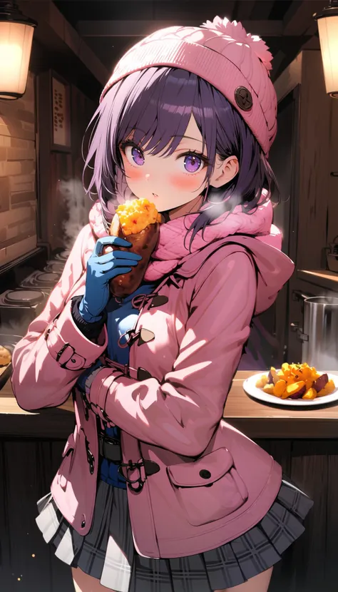 1girl, solo, looking at viewer, blush, short hair, long sleeves, hat, medium breasts, standing, purple eyes, purple hair, cowboy shot, pleated skirt, indoors, miniskirt, swept bangs, plaid skirt, holding food, steam, grey skirt, blue gloves, pink jacket, b...