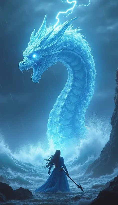 Confrontation: In a mystical ocean storm under an electric one, Nami with her Clima-Tact raises a wave as a giant translucent serpent made of pure water rises before her. (In a ratio of 9:16)