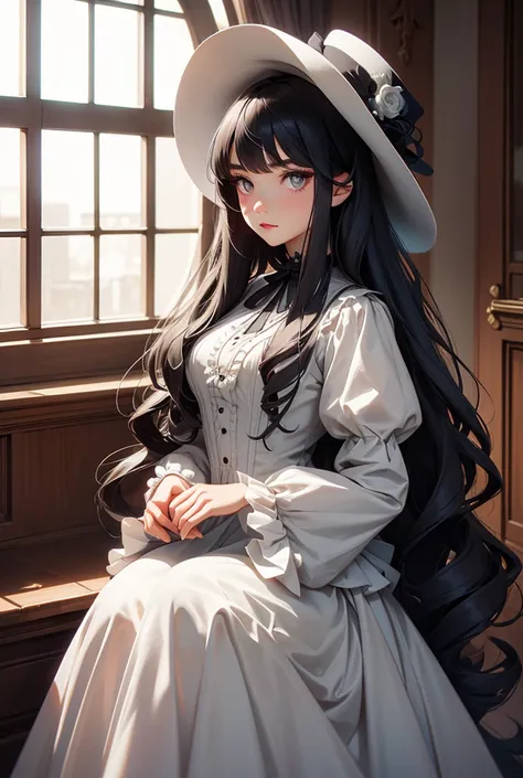 Beautiful girl with wavy long  black hair, with  grey eyes wearing Victorian dress 