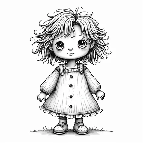 create the image of an ugly but cute girl doll in black and white to use as a coloring page. It must look untidy.