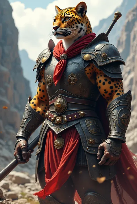 a leopard in armor and with a handkerchief