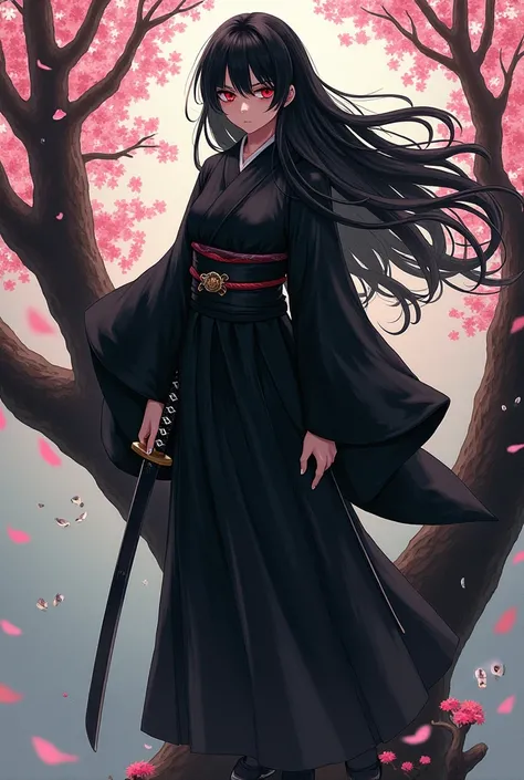 A stylist girl animates long black hair dressed in a black kimono on top of a slightly rough cherry tree with two katanas give me a rough pose with red eyes and closer to the image a few small eyes and a deep look at the sword unraveled