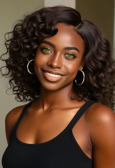 A 25-year-old Black trans woman with deep black skin and bright green eyes, smiling confidently. She has shoulder-length, wavy dark brown hair and a small nose ring and lip piercing. She wears a chic, fitted top, and the background is softly lit with natur...