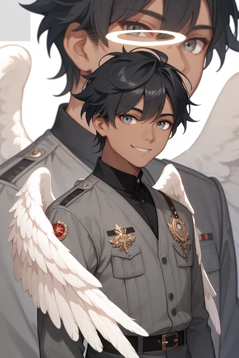 1Man, Brown skin, High Resolution, Grey Eyes, Bangs, Smile, Zoom Layer, Simple background, Anime Style, Angel Wings, red and grey clothes, Accurate, Best Quality, black hair with grey bangs,