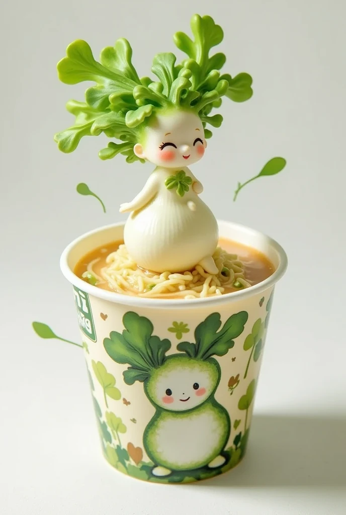 A cup noodle container with the product name "Daikon Noodle" printed on the side with the cover tightly closed, A small miniature daikon figure sitting on the cover, full body, PVC texture, green leaves hair, slender, daikon dress, smile, super realistic, ...