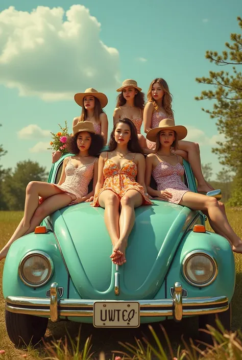 6 women sitting on beetle hood