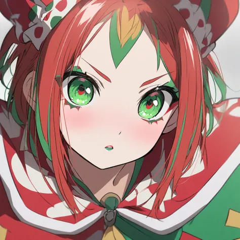 Anime girl with red hair, green eyes and jester makeup