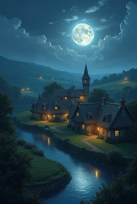 a medieval village on a night with a bright full moon. scene seen from afar.