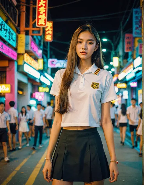 Portrait MagMix Girl look at camera, long hair, thai university uniform with a tight full white top and short black skirt, bright neon lights along a walking street with bars in the background, bathed in warm lighting from the street lights, analog film ph...