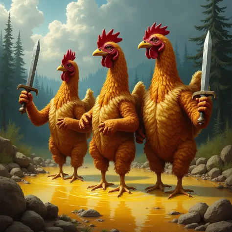 A large bubbling swamp of boiling oil,  in it 3KFC deep-fried headless chickens (deep-fried breaded with breadcrumbs ) ( holds daggers and other medieval weapons in their wing ). Forest and clouds in the background..
 Highly detailed The image is made with...