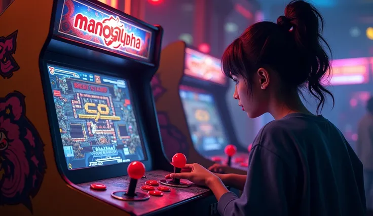 an arcade machine with the  "ManoAlpha "  logo a  playing beatem up with his eyes fixed on the game