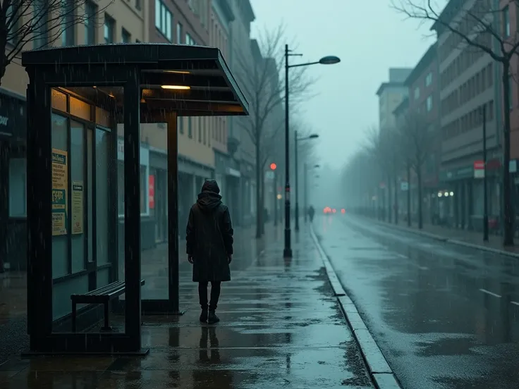 a dark rainy day on the street, a bus station with no people, wide view