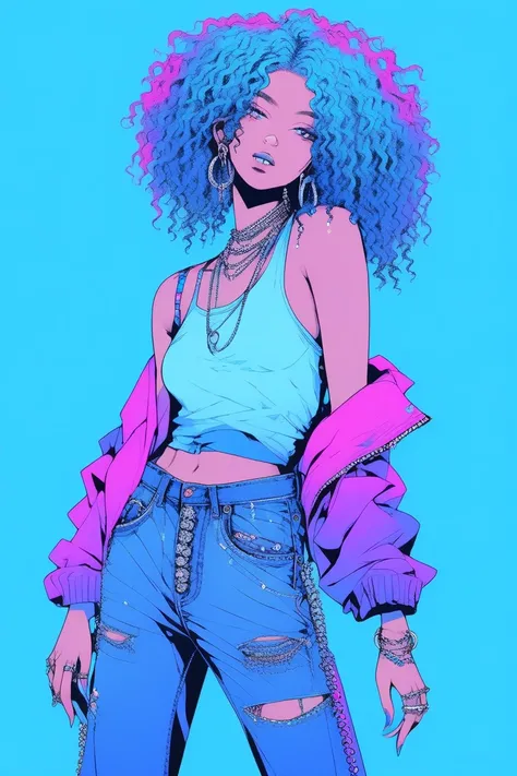 Illustrator, realistic,sketch , 1 person,  Beautiful Girl,  thin earrings , lip, oversize jean, tank-top, bling-bling,  Blue gradient background, Neon curly Hair , He is standing, pose sexy,  Texture Cutout , ( masterpiece , Highest quality )