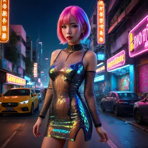 a cute woman, sheer colorful acrylic dress neon trim, neon calf boots sexy, bright colored hair, glowing contacts, no underwear, detailed face, detailed eyes, detailed lips, 1girl, street scene, neon cityscape, Bangkok, night, going to the club, (best qual...