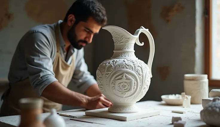 a Pakistani craftsman working with marble, sculpting a shocking, brilliant and spectacularly precious jug, realism