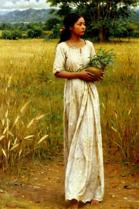 An exquisite oil painting in the style of Jean-François Millet, featuring an exotic Balinese woman carrying a bundle of harvested wheat on her shoulder. She walks slightly hunched, embodying the labor and grace of rural life. She wears a flowing white dres...