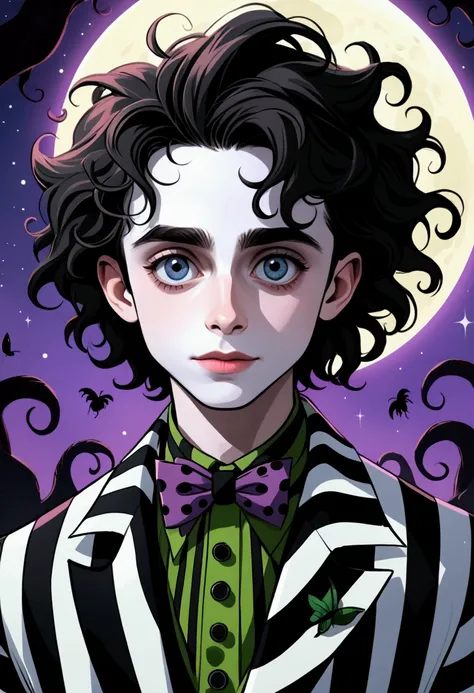 Timothee chalamet como beetlejuice tipo cartoon concept art aesthetic