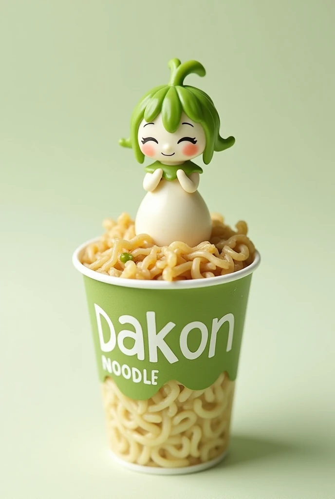 A cup noodle container with the product name "Daikon Noodle" printed on the side with the cover tightly closed, A small miniature daikon figure sitting on the edge of the cover, full body, PVC texture, green leaves hair, slender, daikon dress, smile, super...