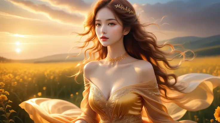 A Masterwork In 32K Resolution, Unmatched Quality, Ultra-Fine Details, Official Art, Supreme 32K Wallpaper, Gorgeous And Ethereal, Highly Detailed Features, Spellbinding Detail, Dutch Angle, Hyper-Realistic, Summer Landscape. One Girl, Solitary, Golden And...