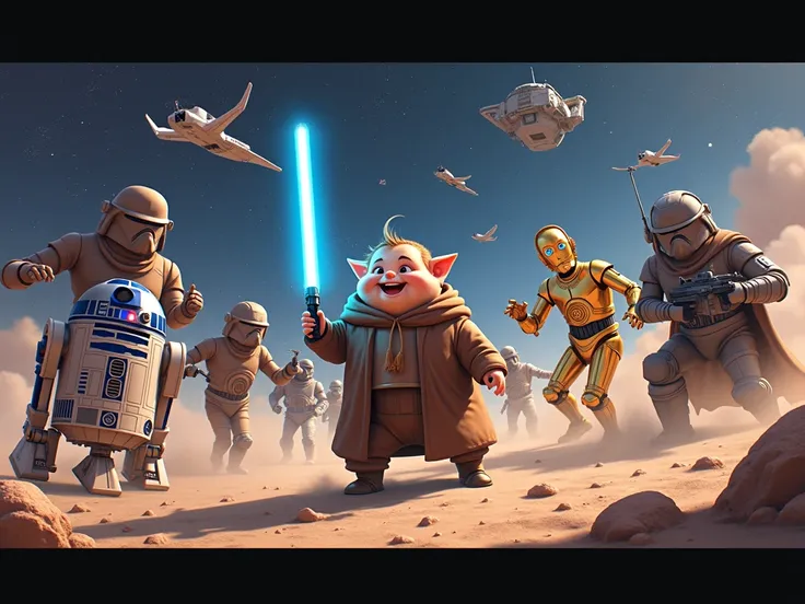 Set the background of stars and ships ,  the slightly chubbier character ,  add other characters from Start Wars such as robots R2-D2 and others,  and act as if everyone were fighting but happy 