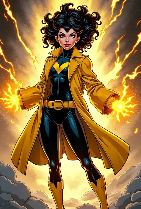  Jubilee character from the X-Men, no estilo comics do Jack kurby, from the 1950s , com uma splash background, With the yellow overcoat , She is about  