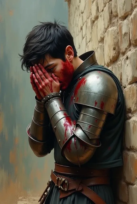 Impressionist style painting of a broken young medieval soldier with dark hair and green eyes that is leaning on a wall in despair with his hands covered in blood covering his face covered in blood