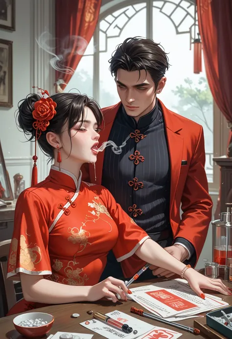 A man is making a young Chinese woman in a red Chinese dress smoke opium with an opium pipe. The man holds the opium pipe in his hand. He puts the opium pipe in her mouth to force her to smoke the drug. The young woman is really high, completely drugged up...