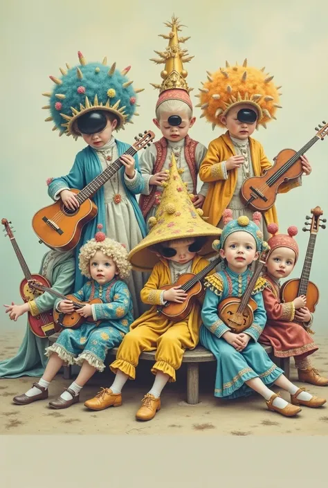 painting of a group of people dressed in costumes and holding instruments, inspired by Michael Cheval, russian folk fairytale, inspired by James C. Christensen, by Michael Cheval, inspired by james christensen, sergey zabelin, magical realist, alexander ab...