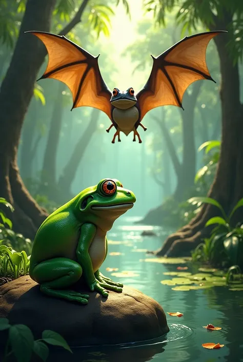 "Create an image of a frog and a bat .  The two must face each other in a hostile atmosphere .  The background must be a tropical landscape with flowing rivers and swampy trees ,  adding a strong contrast to the unique appearance of the scene."