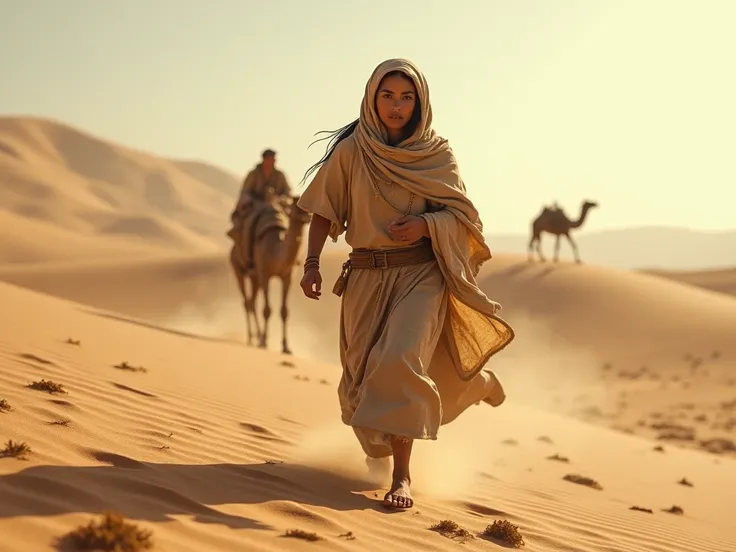  woman servant of Abraham ,  with cloth robes in the desert , fleeing to the desert with a camel