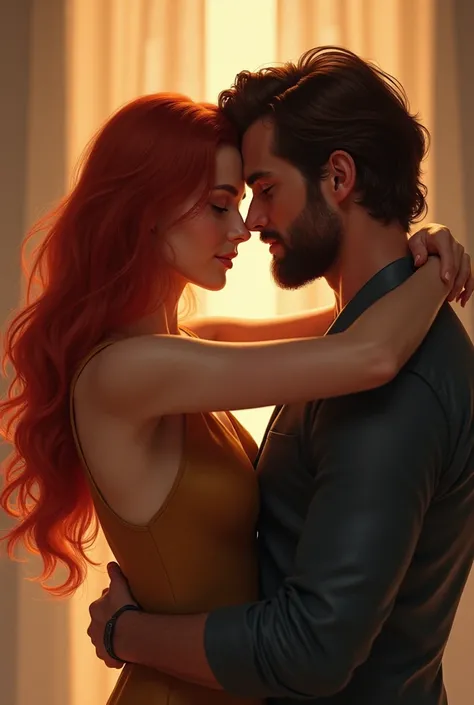 make a girl with straight red hair hugging a man, The man is identical to Henry Cavill, while they look forward has a beard and slightly dark brown hair