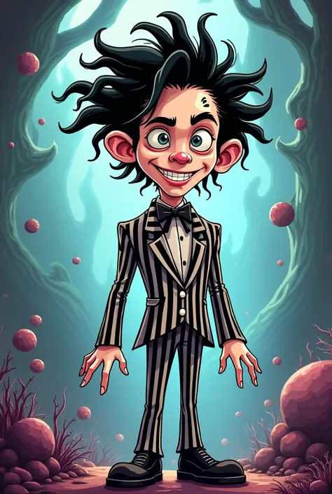 Timothee chalamet como beetlejuice tipo cartoon concept art aesthetic corpo inteiro