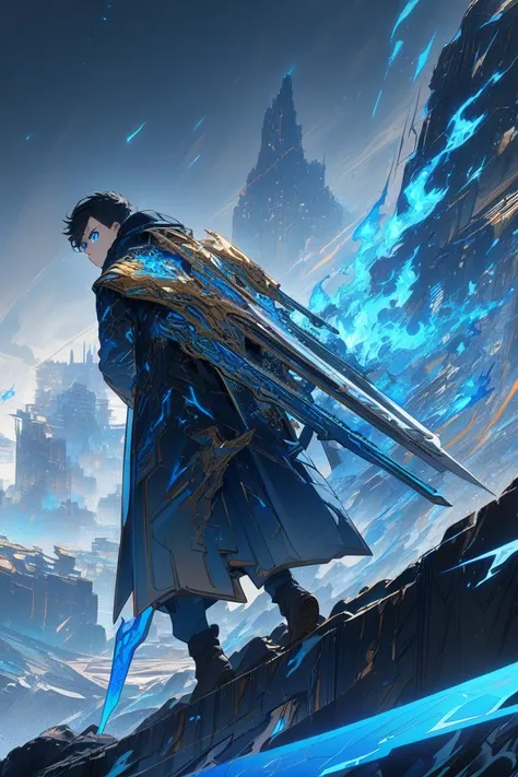 A tall young human man standing on a cliff, with a black simple  jacket having a neon blue outline on edges and two blue short swords on the back, holding a blue pixel weapon that can turn into any thing, one blue eye, one fiery red eye, frost and fire, st...