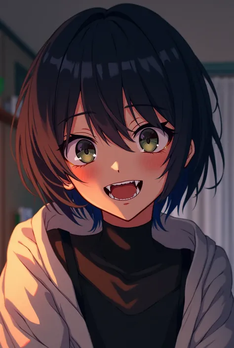 1 anime girl, tomboy, black short hair, fanged teeth, black skin, casual clothes, in room