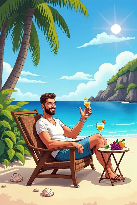 cartoony,  painted in watercolor , BRIGHT,  lots of details, 2D, a man is sitting in a chair, , the face is directed towards the viewer , looks at us, waves his hand at us,  holds a cocktail in the other hand , , a wicker chair stands on the sandy seashore...