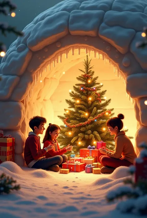 A cozy igloo with glowing Christmas lights, a tree inside, and a family opening gifts.