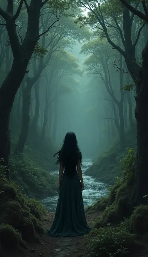 " A dark forest landscape with a meandering river,  a mysterious woman with long black hair , Crying in the Distance ,  Latin American folklore style ."