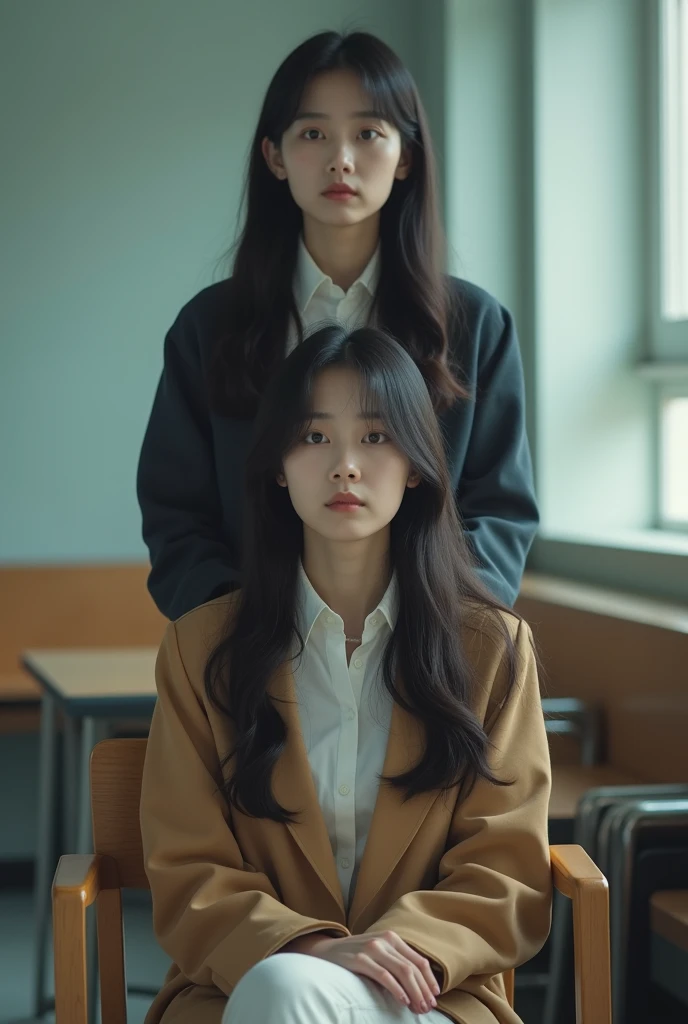 Kdrama cover ,  sitting in a school chair ( A long dark-haired Korean woman standing behind the main wearing a main ,  with short dark hair ,  tied ) Kdrama cover , Actual, Actual 여성,  All serious expressions 