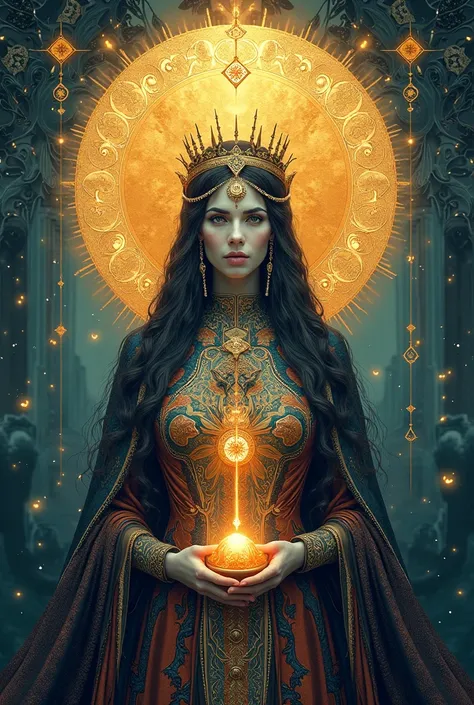  Please generate a wallpaper by mixing the following tarot cards : The High Priestess, The Empress, The Sun and the Lovers , with all its original details and that are mixed together to create a single image for demonstration but that is not represented wi...