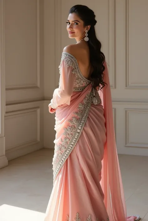 A beautiful young Russian woman big breast smiling face dressed in an elegant, blush-pink saree adorned with intricate silver embroidery and delicate embellishments, standing in a refined, minimalistic setting. Her hair is styled in a sleek, pulled-back lo...