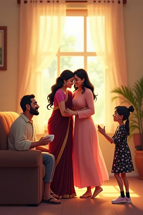 A warmly lit living room, with a beautiful mother in her late 40s, Naina (wearing a maroon silk saree with a golden border, her hair tied in a loose bun, and a bindi on her forehead), rushing to embrace a beautiful matured girl, Roshani (wearing a pastel p...