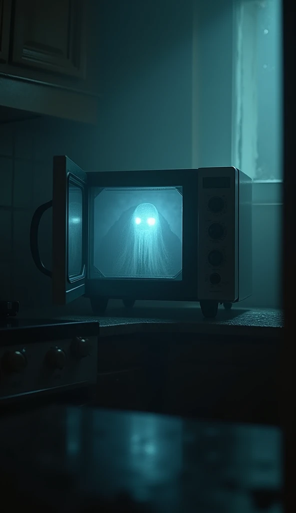  A front view of a microwave with the door ajar . On the mirrored surface of the door ,  appears the reflection of a ghostly silhouette or glowing eyes looking directly out.  The surrounding kitchen is dark and hazy ,  with only the microwave standing out ...